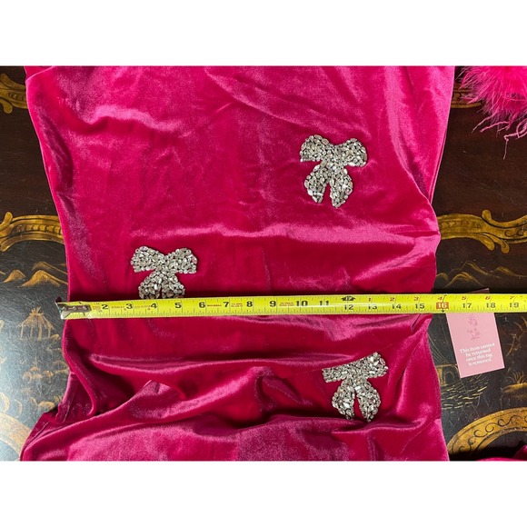 NWT Ivy City Co Pink Velvet Rhinestone Bows Feather Cuff Midi Dress Glam Twee M - Picture 9 of 15